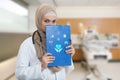 Portrait of worried muslim female Medical doctor holding paperclip