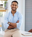 Portrait, writer and business man with arms crossed in office, workplace or company. Face, confidence and happy Asian