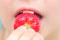 Portrait of yaung woman eating strawberries. Healthy happy smiling woman eating strawberry.