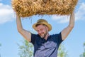 Portrait of a 35-40-year-old man in a straw hat holding a bale of straw over his head against a background of blue sky and clouds. Royalty Free Stock Photo