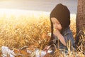 Portrait of 2-3 years old child in autumn garden Royalty Free Stock Photo