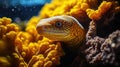 Portrait of a yellow dangerous moray eel hiding in an anemone reef.