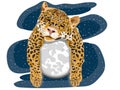 Portrait of yellow leopard with spots that is sleeping on the white moon with gray with a blue background of stars type artistic d