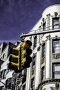 Abstract Street Light intersection portrait with purple blue sky`s and white architecture building background