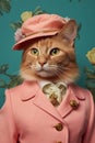 Portrait of a Yellow Tabby Cat in a Pink Suit