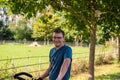 Portrait of a 44 yo active man in a blue shirt outdoors, Flemish Brabant, Belgium Royalty Free Stock Photo