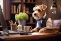 Portrait of yorkshire terrier dog in front of laptop, cute animal sits at desk