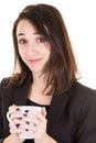 Portrait of young adorable business woman enjoying her warm cozy hot drink white mug Royalty Free Stock Photo