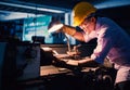 Portrait of young adult experienced industrial asian worker over industry machinery Royalty Free Stock Photo