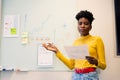 Portrait of young african american businesswoman explaining strategy while giving presentation Royalty Free Stock Photo