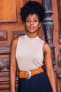 Portrait of Young African American Businesswoman in New York. Young black female teacher with afro hairstyle wearing sleeveless Royalty Free Stock Photo