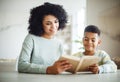 Portrait of young african american mother hold story book reading teaching little boy in living room. Royalty Free Stock Photo