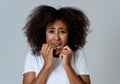 Young attractive african american woman looking scared and shocked. Human expressions and emotions Royalty Free Stock Photo