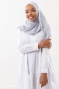 Portrait of young african business woman in traditional muslim hijab clothes
