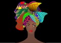 Portrait of the young African woman in a colorful turban. Wrap Afro fashion, Ankara, Kente, kitenge, African women dresses animal