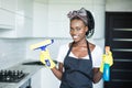 Portrait young african woman using spray to wipe windows glass Royalty Free Stock Photo