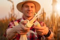 Young farmer standing in corn field, examining the crop before harvest at sunset. Royalty Free Stock Photo