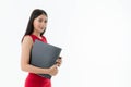 Portrait of young Asian beautiful business woman wears business red dress is holding file isolated white background Royalty Free Stock Photo