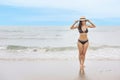 Portrait of young asian beautiful and sexy woman in black bikini standing on the beach and holding hat. Cute girl having fun on Royalty Free Stock Photo