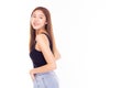 Portrait young Asian beauty woman , Charming girl look at copy space with smile face. Attractive beautiful female wear jeans, tank Royalty Free Stock Photo