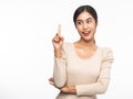 Portrait of young asian business woman pointing up isolated on white background. Royalty Free Stock Photo