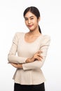 Portrait of young asian business woman standing with arms crossed and looking at camera isolated on white background. Royalty Free Stock Photo