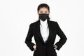 Portrait young Asian business woman in suit wearing face mask on white isolated background. Coronavirus flu virus , Covid 19 , Air Royalty Free Stock Photo