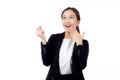 Portrait young asian businesswoman in suit standing with excited isolated white background. Royalty Free Stock Photo