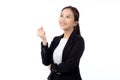 Portrait young asian businesswoman in suit standing with excited isolated white background. Royalty Free Stock Photo