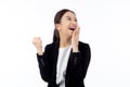 Portrait young asian businesswoman in suit standing with excited isolated white background. Royalty Free Stock Photo