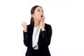 Portrait young asian businesswoman in suit standing with excited isolated white background. Royalty Free Stock Photo