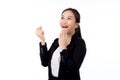 Portrait young asian businesswoman in suit standing with excited isolated white background. Royalty Free Stock Photo