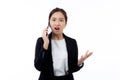 Portrait young asian businesswoman talking and shout with annoyed calling on smart phone isolated on white background. Royalty Free Stock Photo