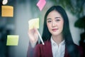 Portrait of Young asian businesswoman writing sticky paper pad on glass in modern office. Business plan concept Royalty Free Stock Photo