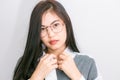 Portrait young asian nerd business woman with hipster glasses cl