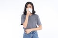 Portrait of young Asian woman blowing running nose got flu caught cold sneezing in tissue. Her sick allergic having allergy Royalty Free Stock Photo