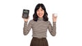 Portrait of young Asian woman casual uniform holding white piggy bank and calculator isolated on white background, Financial and Royalty Free Stock Photo