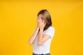 Portrait young asian woman covered your hide eye peek looking, scary watching horror movie Royalty Free Stock Photo