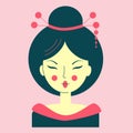 Portrait of a young asian woman in a geisha costume, avatar pink color, face with narrow eyes, geisha with a decoration in hair, Royalty Free Stock Photo