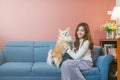 Portrait of young asian woman holding her dog chihuahua on sofa at home. Royalty Free Stock Photo