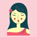 Portrait of a young asian woman with long dark hair and a flower, face with narrow eyes, vector illustration Royalty Free Stock Photo