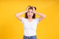 Portrait young asian woman stressed headache unhappy serious negative emotion in white t-shirt