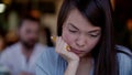 Portrait young asian woman student overwhelmed homework in cafe Royalty Free Stock Photo