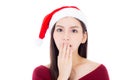 Portrait young asian woman wear santa hat with surprised Royalty Free Stock Photo