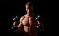 Portrait of young athlete doing exercise with dumbbell at isolated dark studio. Sexy sporty torso, man with dumbbells