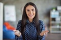 Portrait of young attractive beautiful happy positive good mood smiling businesswoman on job interview at office Royalty Free Stock Photo