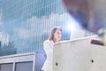 Portrait of young attractive businesswoman working on her laptop outdoor Royalty Free Stock Photo