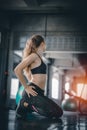 Portrait young attractive healthy woman body curve fitness doing Royalty Free Stock Photo