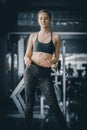 Portrait young attractive healthy woman body curve fitness doing exercises workout with ball in gym. Royalty Free Stock Photo