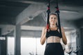 Portrait young attractive healthy woman body curve fitness doing exercises workout with ball in gym. Royalty Free Stock Photo